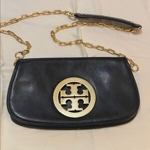 Tory Burch Black Leather Crossbody with Gold Chain